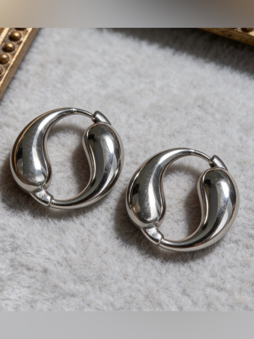 Polished Silver Sculpted Hoop Earrings - Modern Sculpted Hoops - Picture 2 of 11